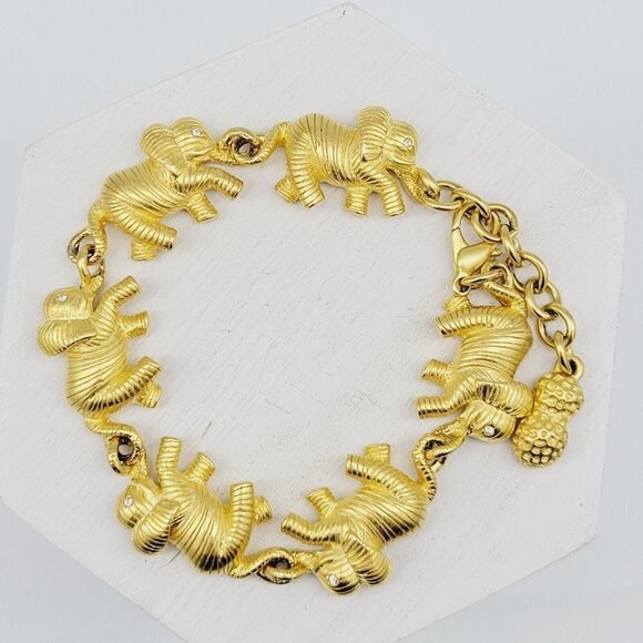Bob Mackie Elephants On Parade Bracelet Rich Satin Gold 6.5"-8" Rhinestone Eyes - Picture 2 of 10
